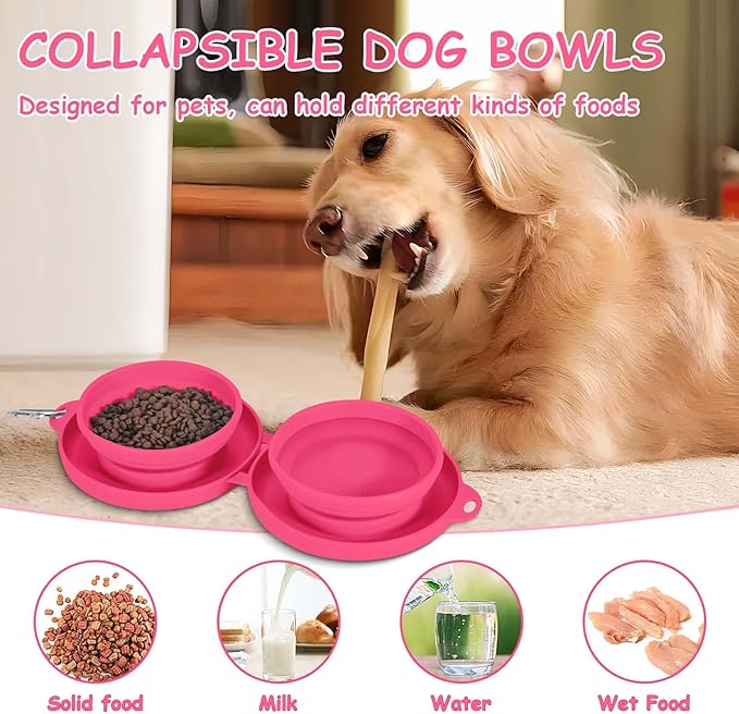 Collapsible Dog Water Bowl 2 in 1 Foldable Pet Food and Water Bowl Portable Cats Dishes with Carabiner Clip for Traveling Hiking Camping Walking (Pink)