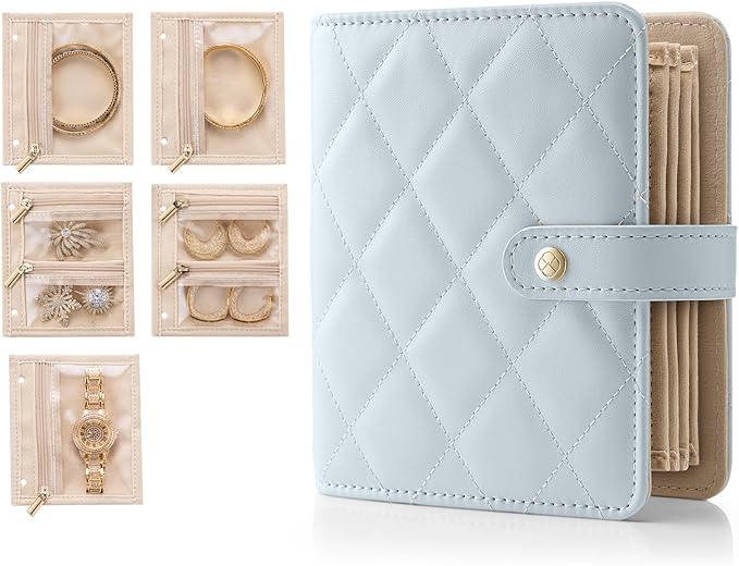 Vlando Small Jewelry Book Organizer - Leather Travel Jewelry Case with 5 Detachable Pages for Necklaces, Rings, Earrings, Tangle-Free, Giftable, Baby Blue