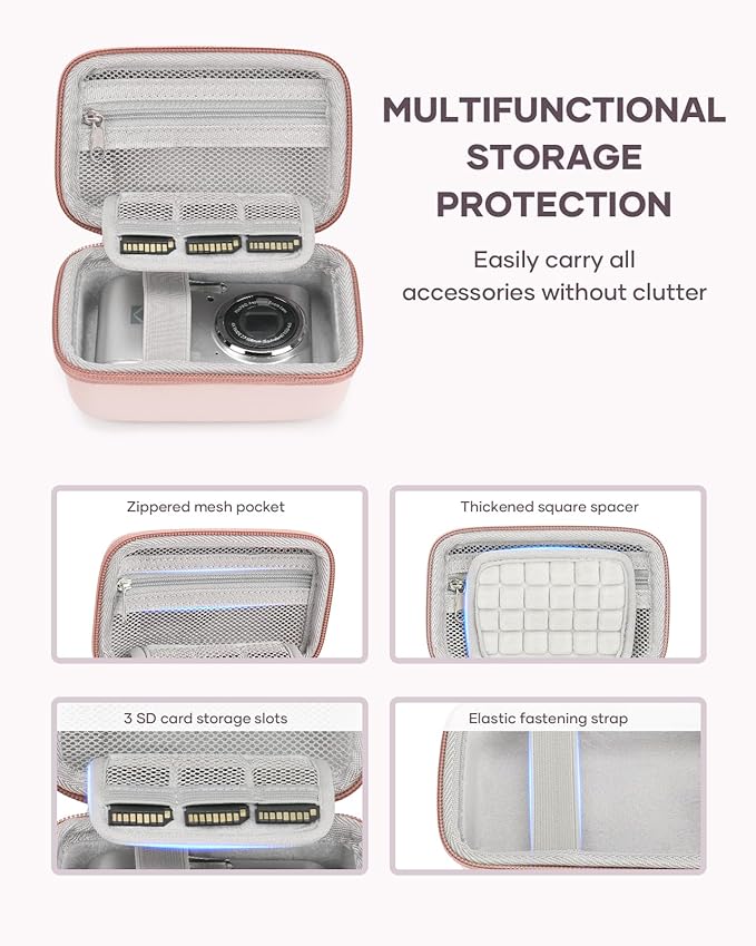 Digital Camera Case Fit for KODAK PIXPRO FZ45/FZ55/ CAMKORY/STUOGYUM DC402-AF/Canon IXUS, Storage Travel Carry Case with 3 SD Card Slots for Camera, Batteries, SD Card, Pink