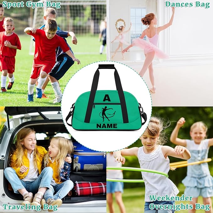 Personalize-Kids-Sports-Duffel-Bags With Custom Name Text Carry-On Overnight Travel Gym Lightweight Dance Pattern Sports Bags For Girls Boys Kids,Green