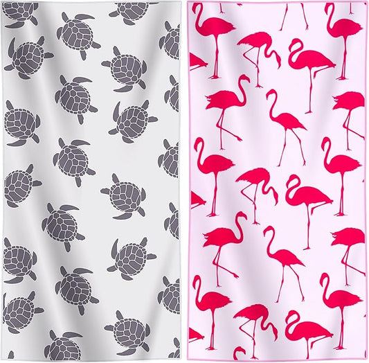 2 Packs Lightweight Thin Microfiber Beach Towel Oversized Quick Dry Compact Sandproof Clearance Towels Sand Free Camping Swimming Pool Travel Accessories Essentials Women Adults Little Turtle Flamingo