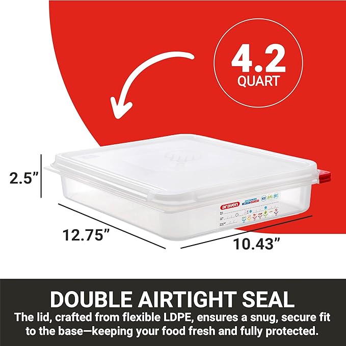 Araven Airtight Container, Food Pan with Lid for Storage in Kitchen and Restaurant, 4.2 Qt, 1 Count, Clear