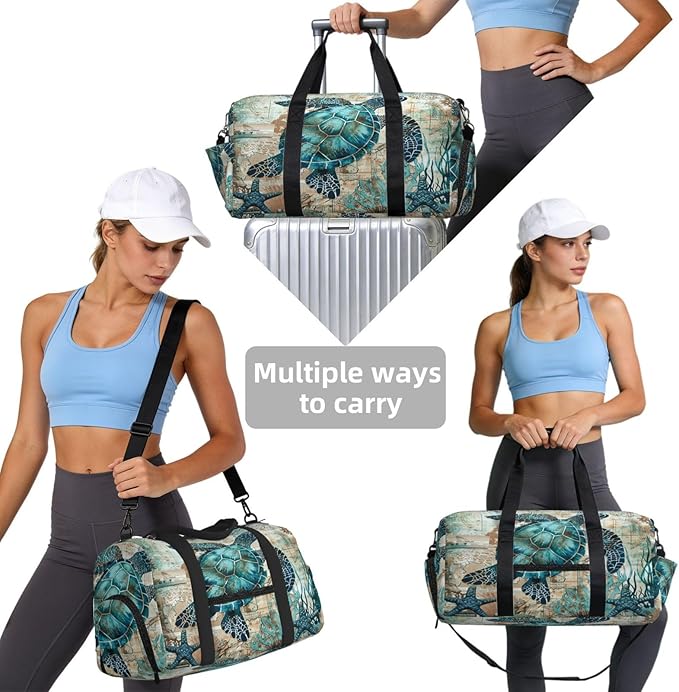Sports Gym Bag Turquoise Sea Turtle Starfish Travel Duffel Bag With Shoe Compartment Shoulder Strap, Lightweight Water-Resistant Weekend Overnight Totes For Women Men