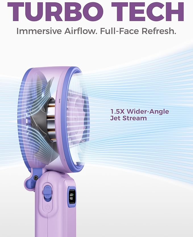 Diveblues Portable Turbo Fan, 7.4m/s High Speed Handheld Fan, 180° Foldable 4-in-1 Personal Neck Fan with Carabiner Clip, 100 Speed Stepless Control, USB-C Rechargeable for Travel, Makeup Hot Flashes
