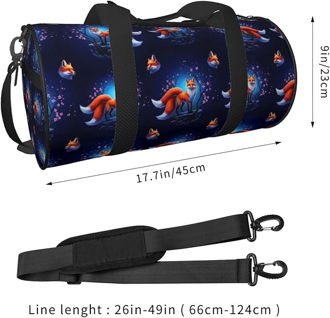 Men Women Gym Duffel Sports Bag Anime Fox, Small with Zipper Pocket for Sport, Travel, Fitness & Workout