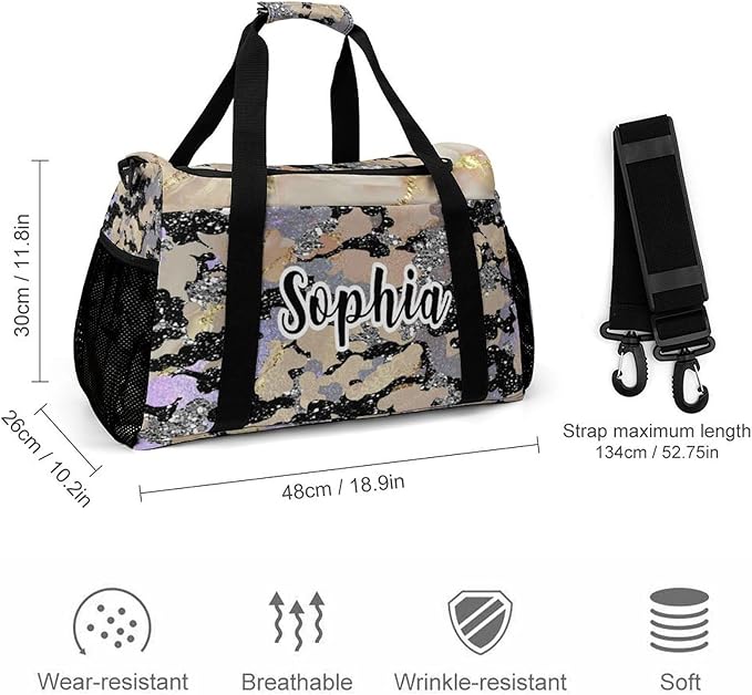 Khaki Grey Camo Sparkle Print Waterproof Duffel Bag, Adjustable Shoulder Strap Pack, Perform Training Travel Bag for Teens Adults Women Men