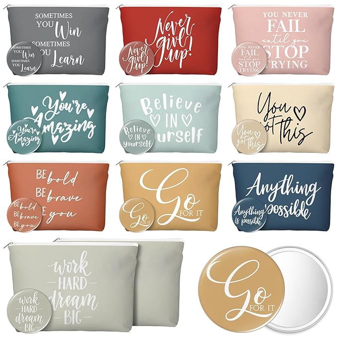 20 Pcs Employee Appreciation Gifts For Women Inspirational Canvas Makeup Bags Portable Compact Mirror Bulk Cosmetic Bags Thank You Gifts for Social Worker Coworkers (Incentive,Vintage)