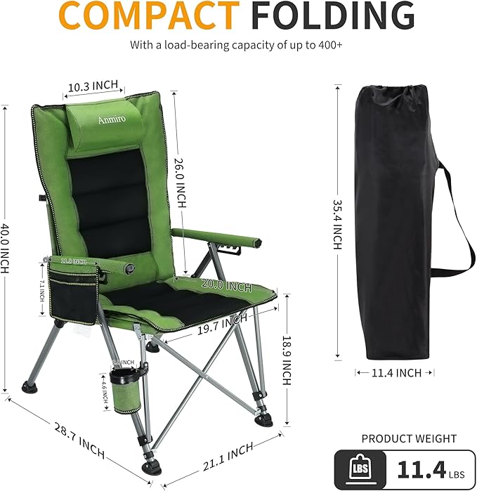 Folding Camping Chair with Cup Holder and Storage Bag, Heavy Duty Support 400 LBS, Oversized Collapsible Portable Adjustable Back Support Camping Chair for Outdoor (Adjustable-Green)