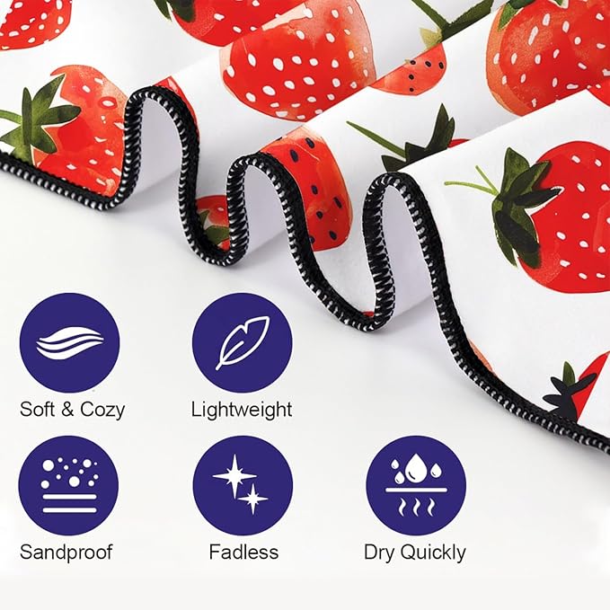 Strawberries Pattern Beach Towel Extra Large 36" x 72", Thin Lightweight Microfiber Towels with Fruit Design, Sand Free and Quick Dry, Compact Bag