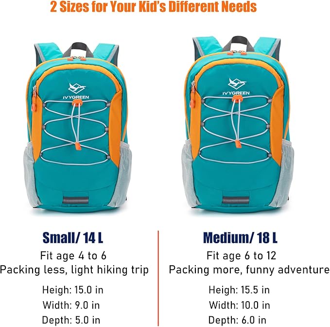 IVYGREEN Little Kids Hiking Backpack for Boys or Girls, Small Daypack for Camping or Travel (Teal blue, Medium)