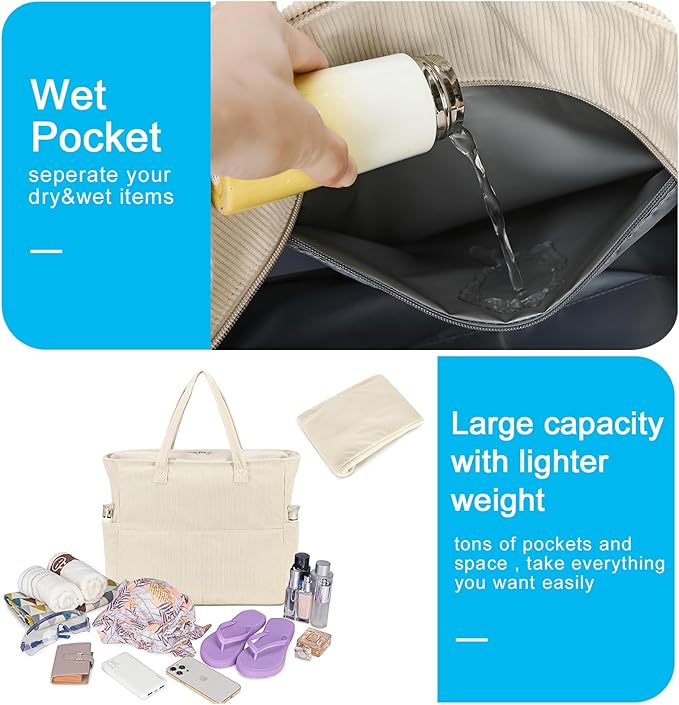 Bluboon Beach Bags for Women, Large Waterproof Tote Bag With Wet Compartment for Pool Weekender Travel Gym