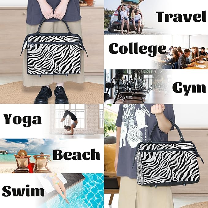 Multipurpose Duffle Bag, Waterproof Carry On Bag with Spacious Design, Zebra Skin Print Gym Bags, 15.2x8.3x11.6in