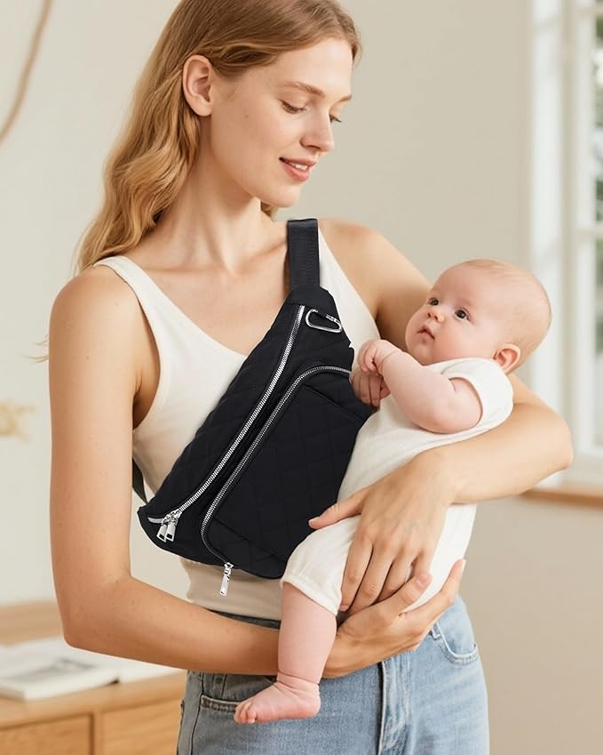 MYHOZEE Small Diaper Bag Fanny Pack - Baby Bag with Waterproof Changing Pad and Wipes Dispenser Quilted Nylon Crossbody Bags for Mom Baby Compact Diaper Purse Cross Body Purses