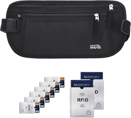 Unisex Money Belt with RFID Blocking Sleeves, Slim Passport Holder RFID Blocking Travel Essentials, Waist Pouch to Protect Cash, Black & 6 Sleeves