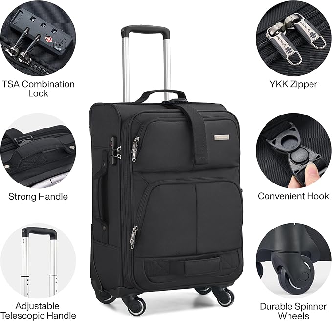 Hanke 24 inch Softside Expandable Luggage with Spinner Wheels, Medium Size Suitcase Checked Luggage Travel Luggage Rolling Suitcase,Black