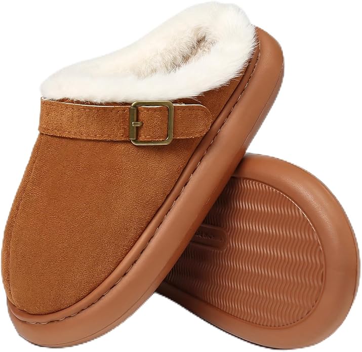 Close Toe Slip On Cotton Slippers with Breathable Faux Fur Memory Foam House Slippers for Women Warm Fuzzy Indoor Slippers with Non-Slip Rubber Sole