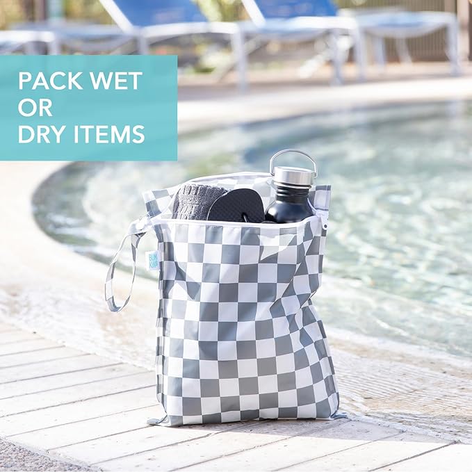 Bumkins Waterproof Wet Bag for Baby, Travel, Swim Suit, Cloth Diapers, Pump Parts, Pool, Beach, Gym Clothes, Toiletry, Hook to Stroller, Daycare, Zipper Reusable Wetdry Packing Pouch, Gray Check