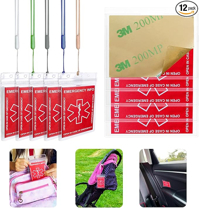 Emergency Contact Card 12 Pack with 10 Card Sleeves - Child ID Card for Car Seat Safety Stickers and Backpack Tags for Kids - Life Alert for Travel,Camping,Medical Fokder,Daycare Essential