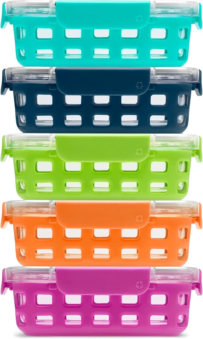 Ello Duraglass 3.4 Cup Meal Prep Sets 10Pc, 5 Pack Set- Glass Food Storage Container with Silicone Sleeve and Airtight BPA-Free Plastic Lids, Dishwasher, Microwave, and Freezer Safe, Fruit Salad