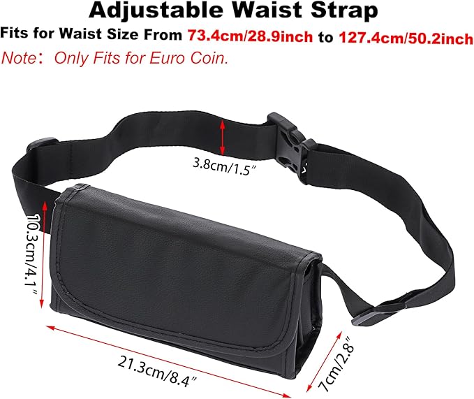 BSTKEY Euro Coin Holder Coin Dispenser, Fanny Pack with Banknote Waiters Purse Coin Sorter, PU Coin Organizer, Black Coin Storage Bag with Belt for Waitress Server Collector Cashier Change