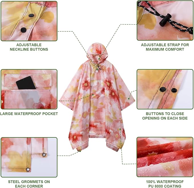 Hooded Rain Poncho for Adults - Waterproof Rain Coat and Lightweight Jacket 3-in-1 Multi-Function with Pockets