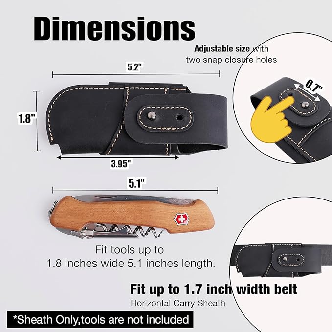 Topstache Leather Knife Sheath for Belt - Horizontal Carry Knife Holster - EDC Belt Organizer - Leather Multitool Sheath Pouch with Two Snap Closure for Folding Knife, Black
