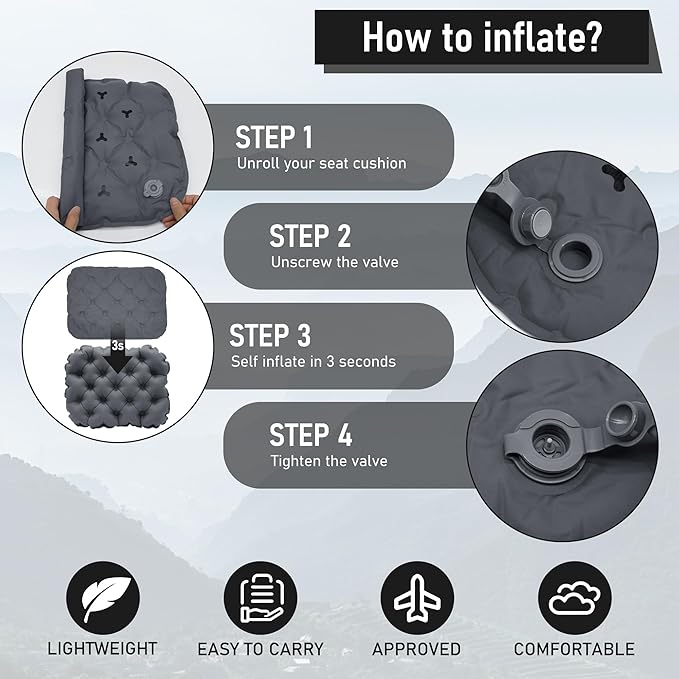 Inflatable Seat Cushion, Lightweight Stadium Seat Pad, Travel Air seat Cushion Anti-Slip for Airplane, Hiking, Climbing, Home and Camping,Black
