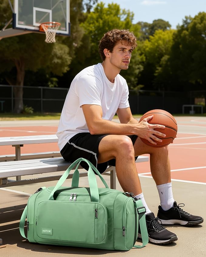 HOTOR Gym Bags for Men & Women - Spacious Duffle Bag with Shoe Compartment & Wet Pocket, Carry On Weekender Bag Portable Sports Duffel Bag for Workout, Fitness, Travel, Green, 20.5" x 11.0" x 10.6"