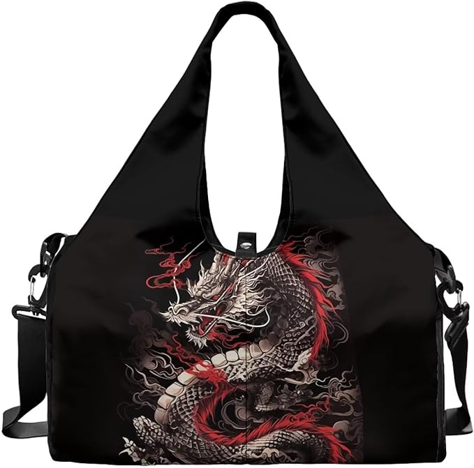 Dragon Gym Bag Sports Duffel Bag for Men Large Capacity Gym Bag with Shoe Compartment and Yoga Mats Holder Waterproof Workout Bag with Shoulder Strap for Sports Travel Weekender