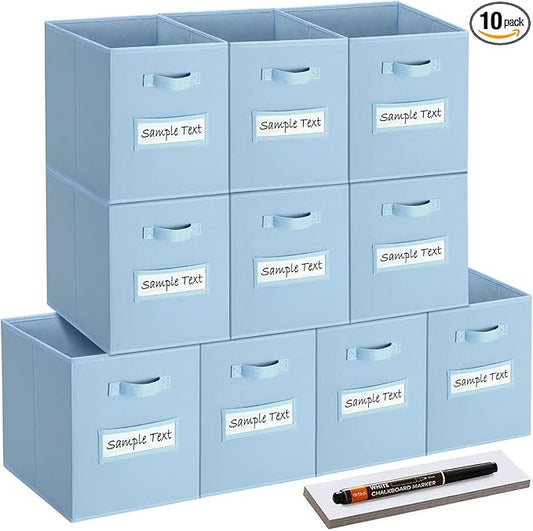 artsdi 11x11 storage cube bins (Set of 10) Foldable Fabric storage cubes with 10 Labels Window Cards & a Pen,11 inch cube storage bin,Closet Organizers for Shelves,Cubby Organizer Boxes,Pastel Blue