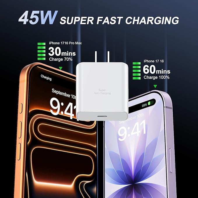 Phone 17 16 Pro Max Charger Fast Charging, 45W USB C Phone 17 16 Super Fast Charger Block with 10ft Long Type C Charging Cable Cord for i.Phone 17 Pro Max/17 Pro/17 Air/17/16/16Pro/ProMax-White+Blue