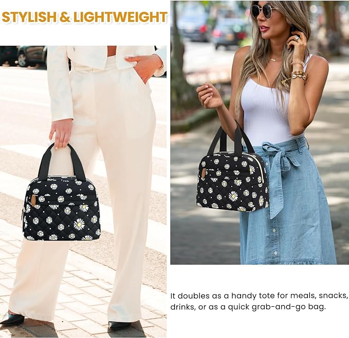 Insulated Lunch Bag for Women, Portable Lightweight Lunch Box for Adults, Reusable Small Lunch Tote Cooler Bags with Front Zipper Pocket for Work School Picnic(Black-Floral)