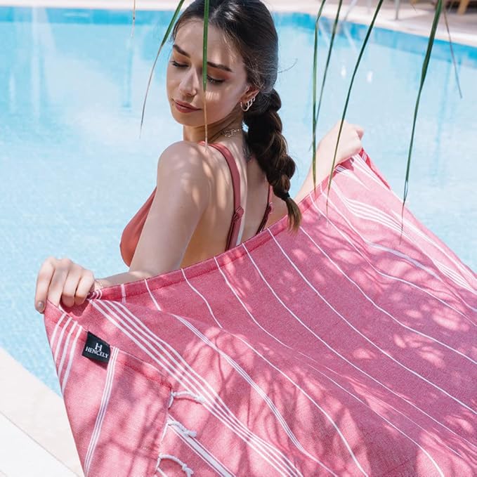Hencely Turkish Beach Towel 37x68 Oversized, Sand-Free, Quick-Dry, Lightweight - Travel Essential for Pool & Bath - Striped 100% Cotton Bathroom Towels Accessories Gift (Pink)