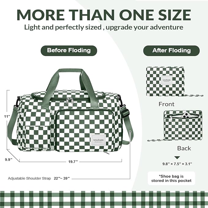 WOOMADA Foldable Travel Duffel Bag for Women, Weekender Bags with Shoes Compartment,Overnight Bag with Wet Pocket & Trolley Sleeve(green checkerboard)