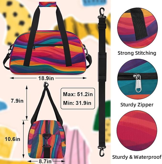 Kids Duffle Bag Girls Boys Colorful Ocean Waves Lines Weekender Overnight Bag,Lightweight Duffel Bags for Traveling Gym Sport Dance