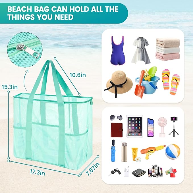 Mesh Beach Bag, Large Bag with Zipper Beach Bags for Women Waterproof Sandproof with 5 Pockets Green