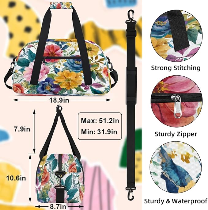 Kids Duffle Bag Girls Boys Spring Boho Flowers Botanical Weekender Overnight Bag,Lightweight Duffel Bags for Traveling Gym Sport Dance