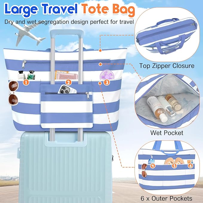 BKNOOU Extra Large Beach Bags Waterproof Sandproof XL Beach Tote Bag for Women Zipper Foldable Swim Pool Bag with Wet Pocket