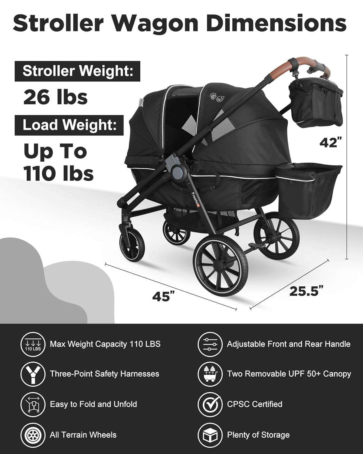 Tandem Wagon Stroller–All-Terrain 2-in-1 Push&Pull Design, Double Seat, Large Storage, Adjustable Canopy, Removable Child Tray for Kids Outdoor Adventures&Family Outings