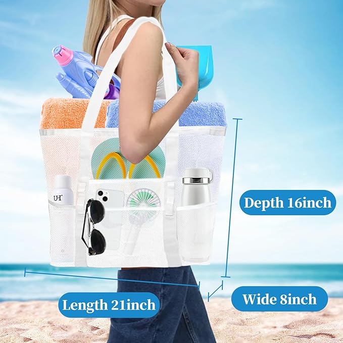 Large Mesh Beach Bag - Lightweight & Foldable Family Beach Bag with 9 Pockets for Toys, Towels & Vacation Essentials