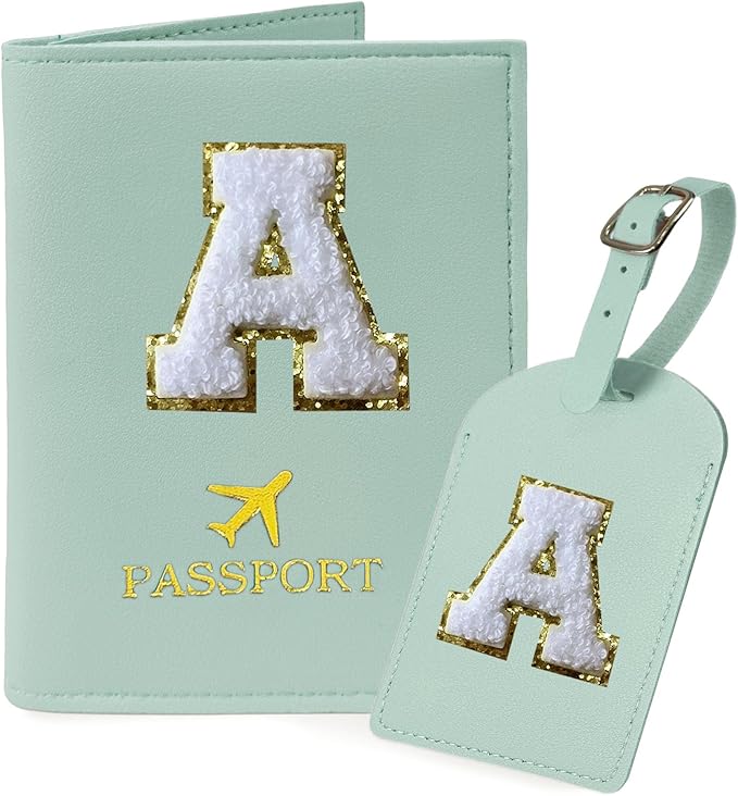 COSHAYSOO Green Passport Cover Holder and Initial Luggage Tag Set TSA Approved with Personalized Monogram Chenille Letter Patch for Women Teen Girls, Cute Travel Bag Suitcase Identifier (A)