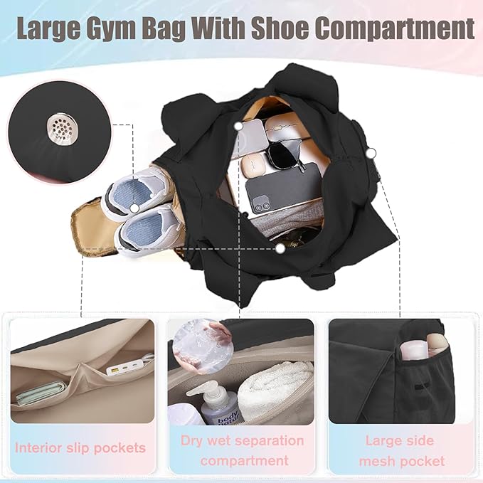 Gym Bag for Women & Men Duffle Bag with Shoes Compartment and Wet Compartment - Ideal for Travel, Gym, Sports, Duffel, Weekender, Dance