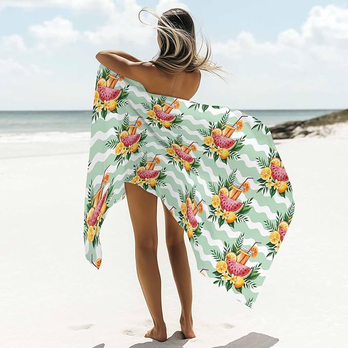 Summer Lemon Watermelon Beach Towel 35" x 71" Tropical Plants Quick Dry Sand Free Pool Towels Green Waves Stripes Soft & Absorbent Compact Towels Beach Accessories for Travel Bathroom Swimming Pool