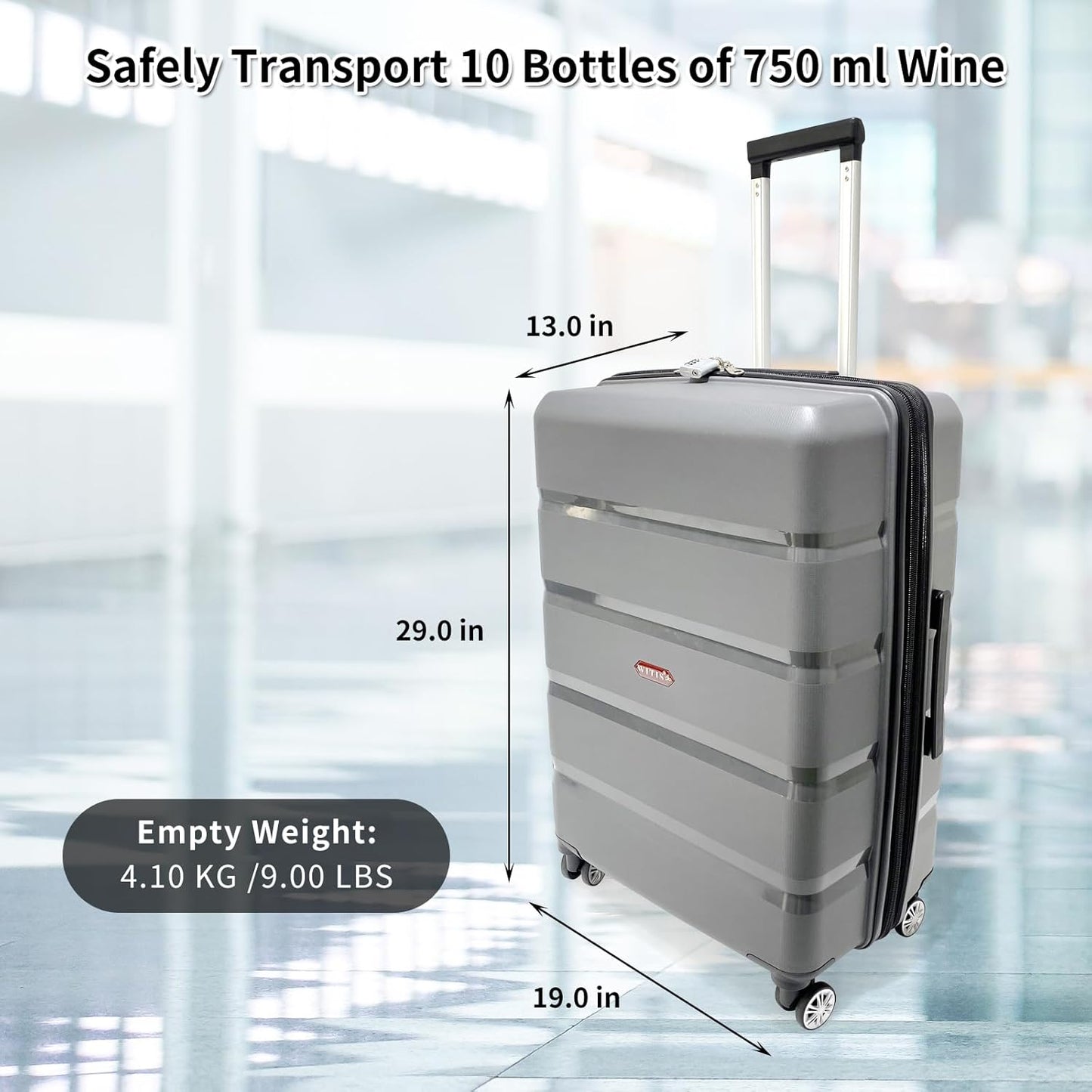Premium Wine Travel Luggage | Holds 10 Bottles of 750 ML | TSA Lock | Expandable Packing Space | 360° Spinner | Double Straps |4 Insulated Unbreakable Carry Bag | 2 Insulated Totes| Grey