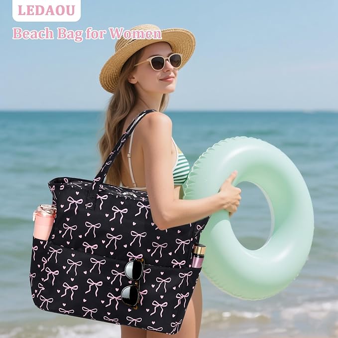 LEDAOU Large Beach Bag Women Waterproof Sandproof Zipper Beach Tote Pool Bag for Swim Gym Grocery Travel with Wet Pocket | Waterproof, Sandproof, Zipper, Pool, Gym, Grocery