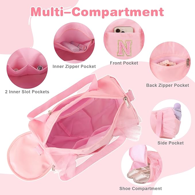Personalized Initial Dance Bag for Girls 4-6, Small Lace Gym Sport Yoga Cheer Dance Bags Gift for Teen Girls, Cute Letter Kids Ballet Bag Toddler Travel Duffel Tote with Adjustable Straps(Pink-N)