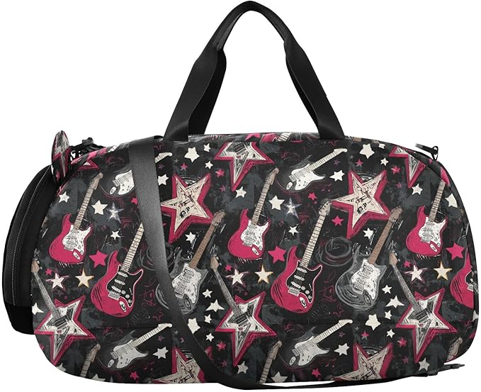 Punk Style Rock Guitar Star Balck Red Boy's Gym Duffel Bag with Shoes Compartment Multifunctional Kids Overnighter Duffel Bags for Travel, Swimming, Dance, Ballet bolsa para hombre