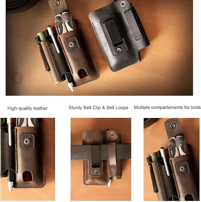 Topstache Leather Multitool Sheath - Multi Tool Holster with Belt Clip - EDC Belt Organizer Fits Multitool, Flashlight, Pen - Leather EDC Pouch Belt Holder Case with Closure Flap, Darkbrown