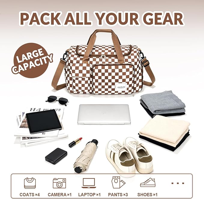 WOOMADA Foldable Travel Duffel Bag for Women, Weekender Bags with Shoes Compartment,Overnight Bag with Wet Pocket & Trolley Sleeve(brown checkerboard)