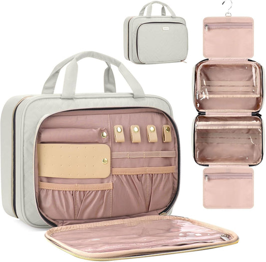 Toiletry Bag for Women with Jewelry Organizer Compartment, Travel Makeup Cosmetic Bag with Hanging Hook for Full-sized Toiletries, Shampoo - Beige